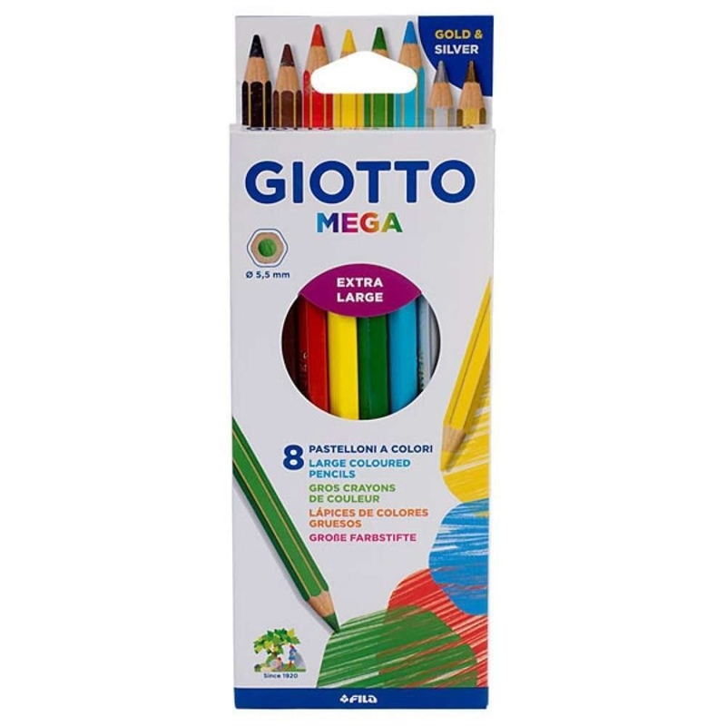 Pastelli Giotto Mega. Scatola 8 matite colorate assortite + Oro e argento