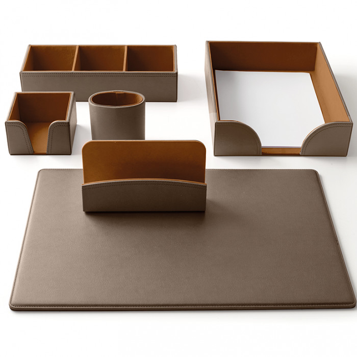 SET SCRIVANIA 6 PEZZI ( SOTTOMANO + ACCESSORI ) SIMILPELLE RUGATA INTEMPO blu/marrone