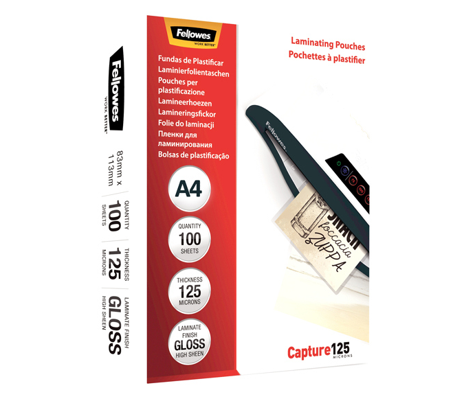 Pouches Capture125 - A4 - 216 x 303 mm - 125 micron - scatola 100 pezzi - Fellowes - 53074.
