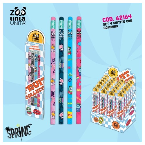 Set 4 matite Hb con gommino Fruit Collection Tinta Unita Zoo Spring