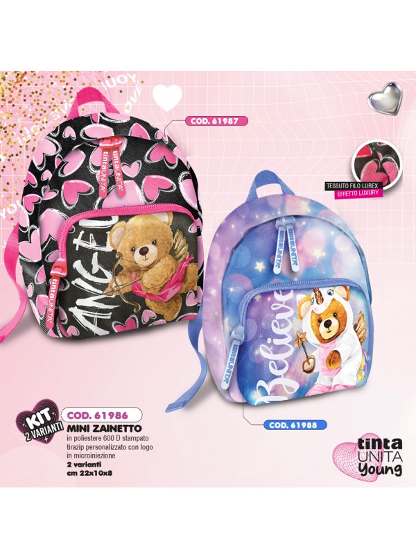 Mini Zaino Tinta Unita Glamour Glitter 22x10cm Nero Blu Rosa scuola tempo libero