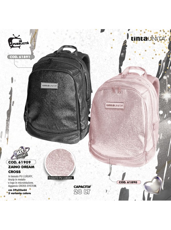 Zaino Scuola Tinta Unita Glamour 2025 3D Glitter Rosa o Nero con Cross System