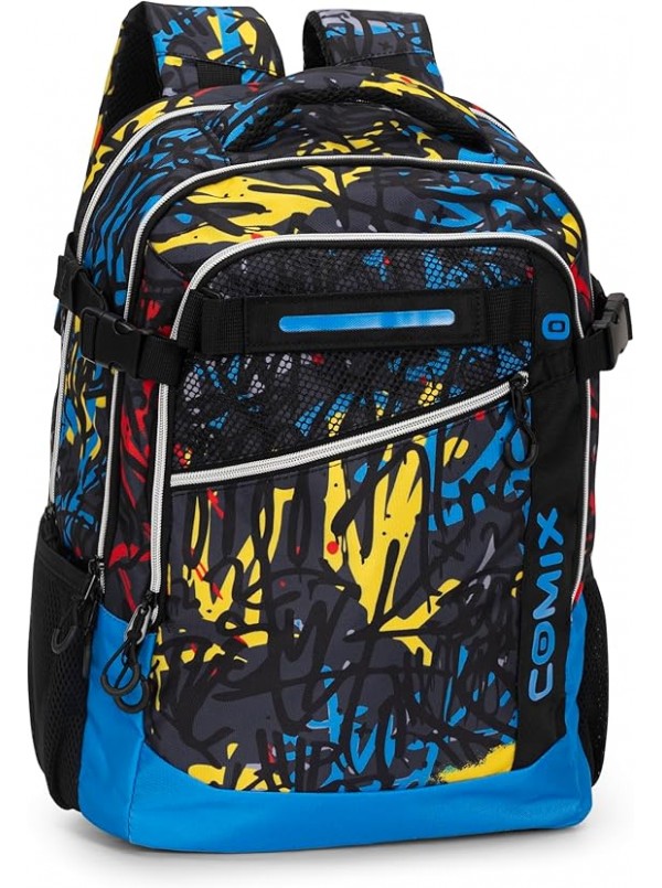 Zaino Organizzato COMIX WBS Blu Graffiti Zaino Scuola Media, Elementare e Superiore